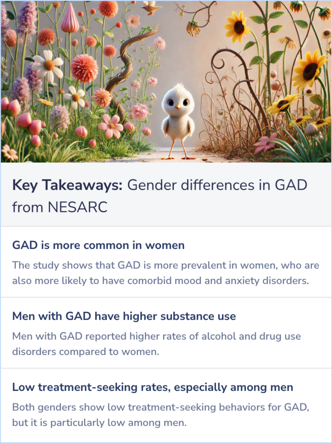 Key Takeaways for Gender differences in generalized anxiety disorder: results from the National Epidemiologic Survey on Alcohol and Related Conditions (NESARC)
