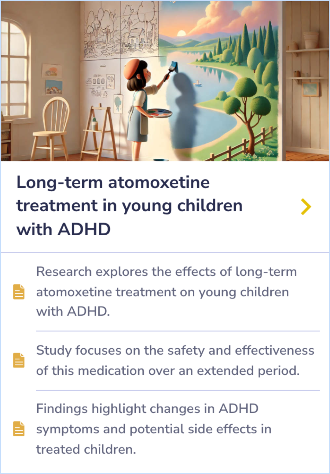 Summary Card detailing the impact of long-term atomoxetine treatment on young children with ADHD, focusing on symptom changes and safety considerations.