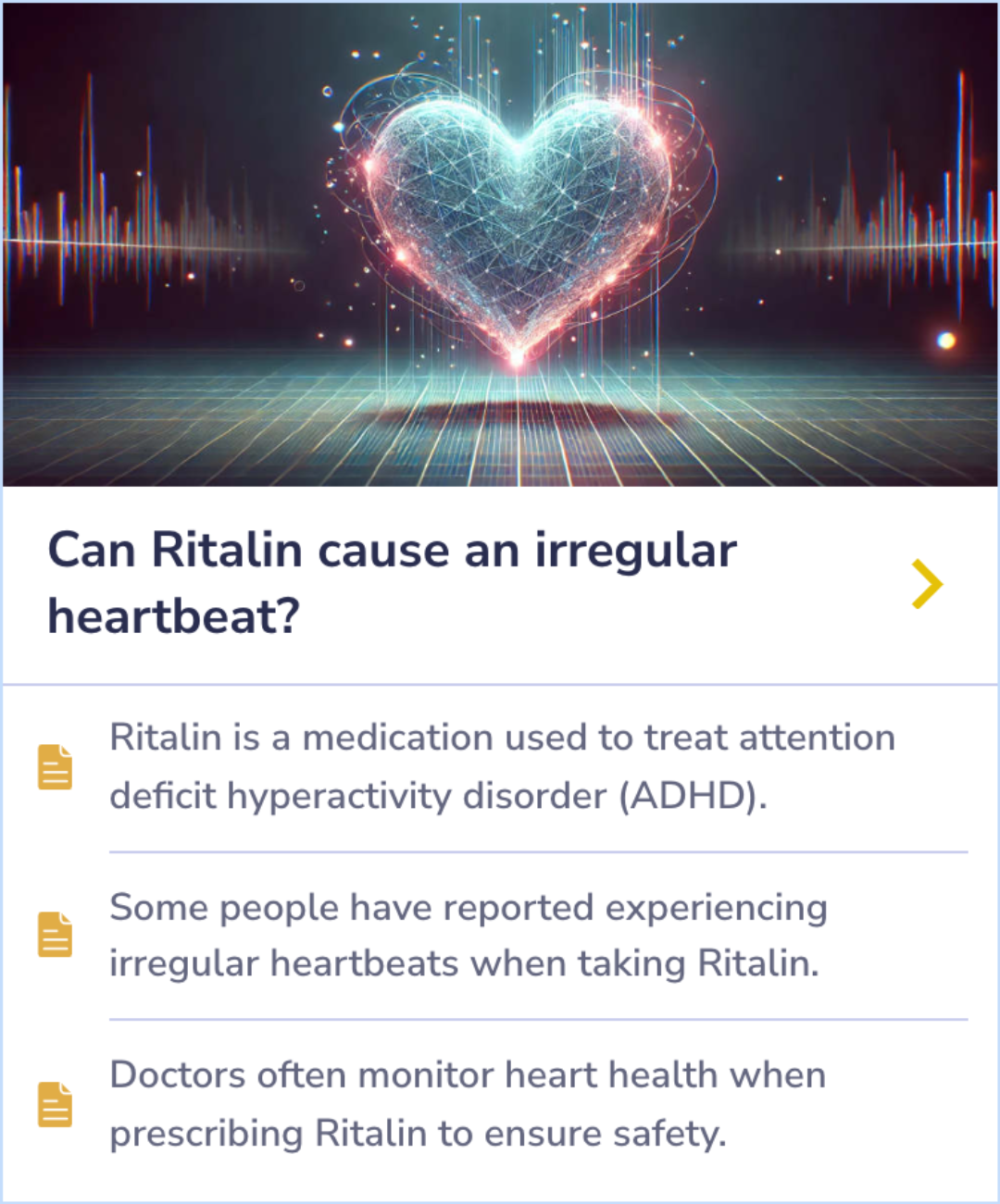 Summary Card discussing the link between Ritalin and irregular heartbeats in some patients, emphasizing the importance of heart health monitoring.