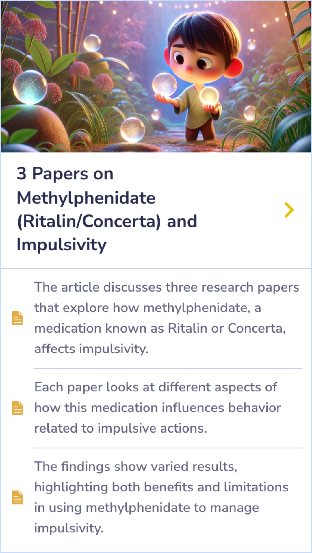 A summary card exploring three studies on methylphenidate's effects on impulsivity, showcasing findings on behavior and decision-making.