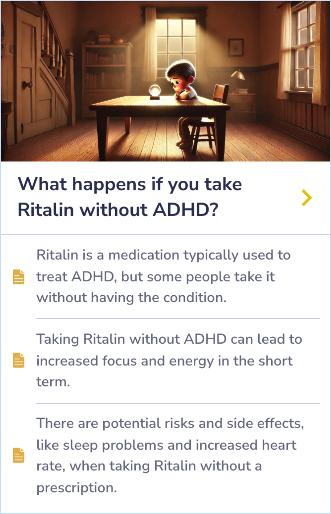Summary Card on Ritalin's effects when taken without ADHD, detailing focus benefits and associated risks such as heart issues and sleep disturbances.