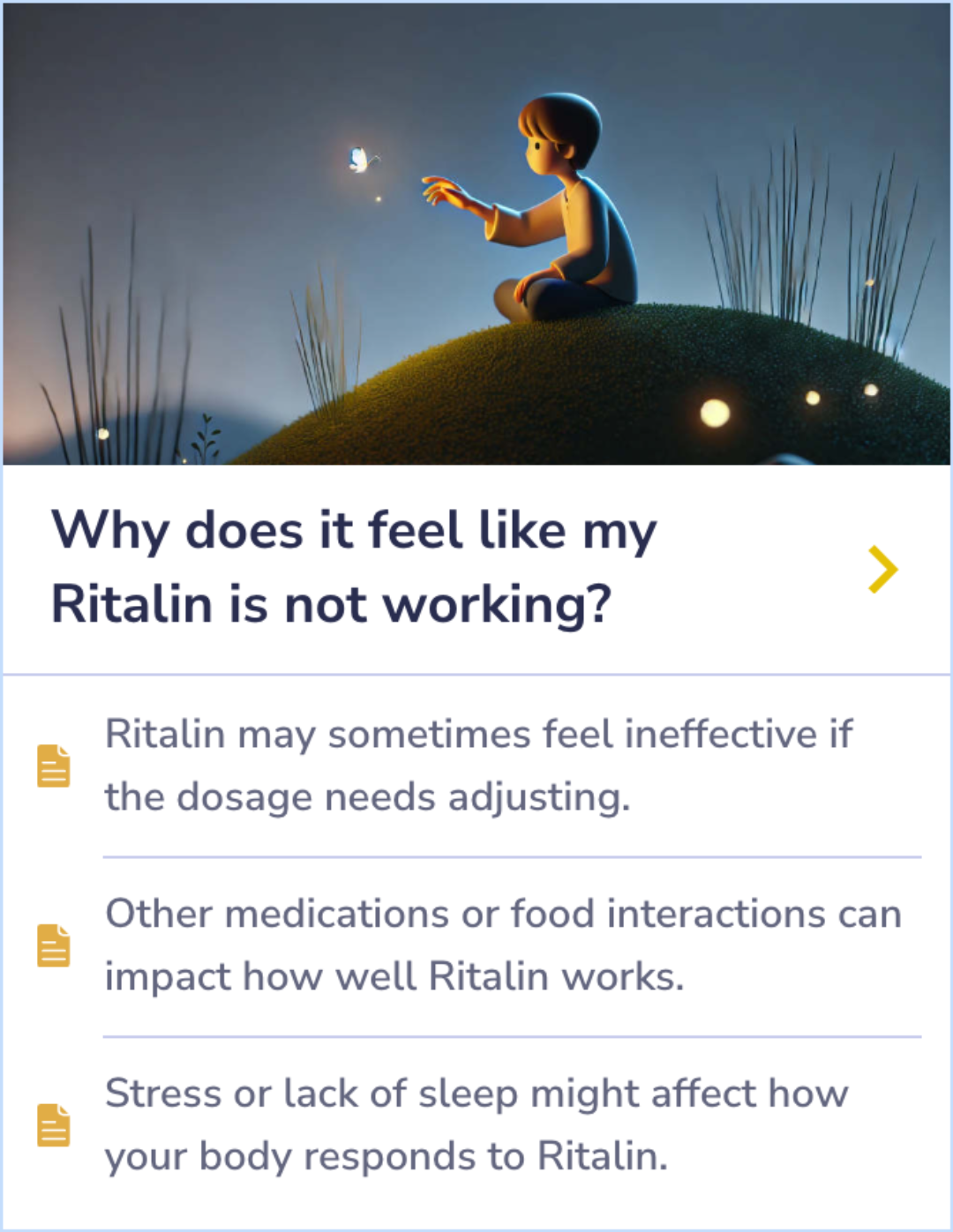 Summary Card highlighting factors affecting Ritalin's effectiveness, including dosage, drug and food interactions, and external factors like stress and sleep.