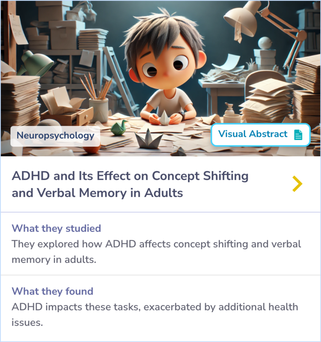 A summary card that explains the executive functioning deficits in adults with ADHD, focusing on concept shifting, verbal working memory, and how comorbidities affect processing speed.
