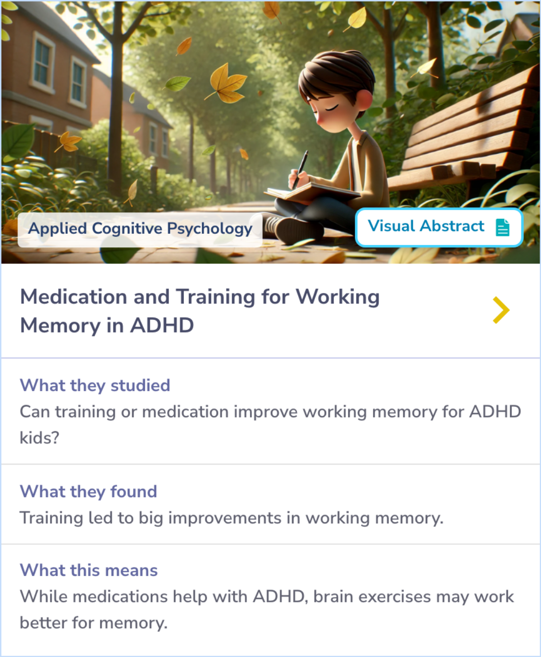 A summary card showing a study where children with ADHD improved their working memory through training and stimulant medication, with lasting effects from training and significant visuo-spatial improvements from medication.