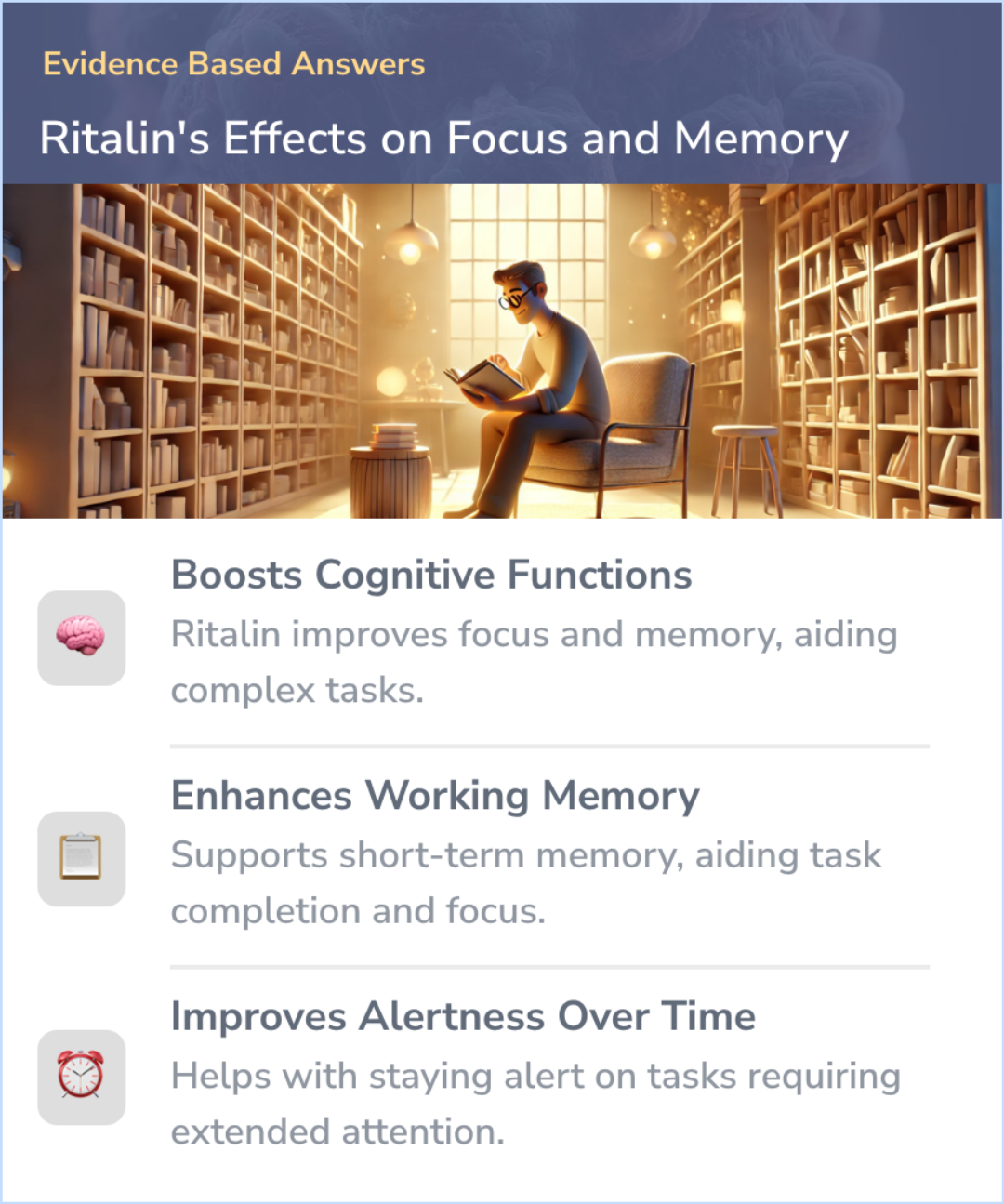 An infographic on How ritalin affects cognition, vigilance, and memory