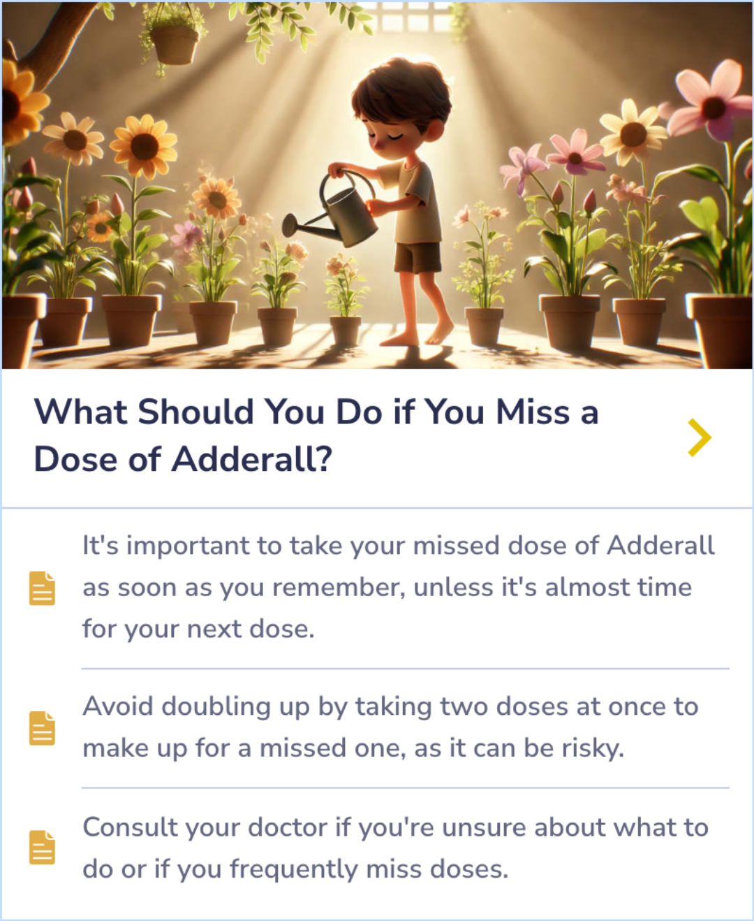 This Summary Card outlines secure storage guidelines for Adderall, stressing the need for careful handling to prevent misuse or unauthorized access.