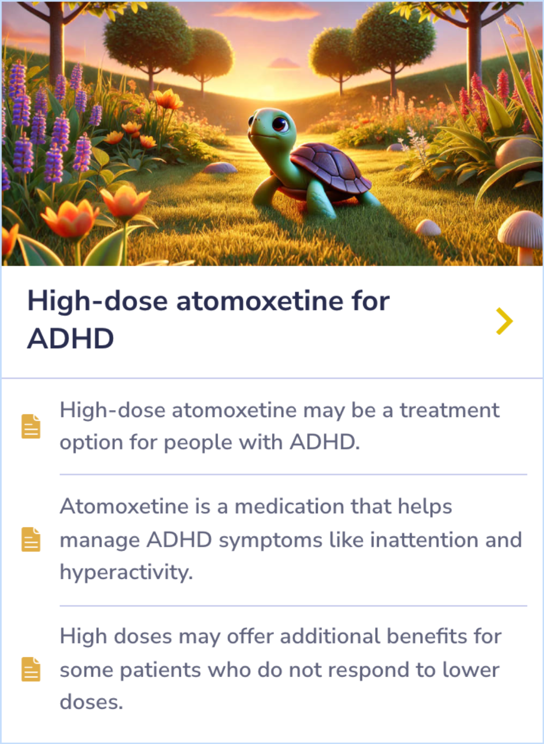 Summary Card describing the potential of high-dose atomoxetine as a treatment option for ADHD, focusing on managing inattention and hyperactivity in cases where standard doses are ineffective.