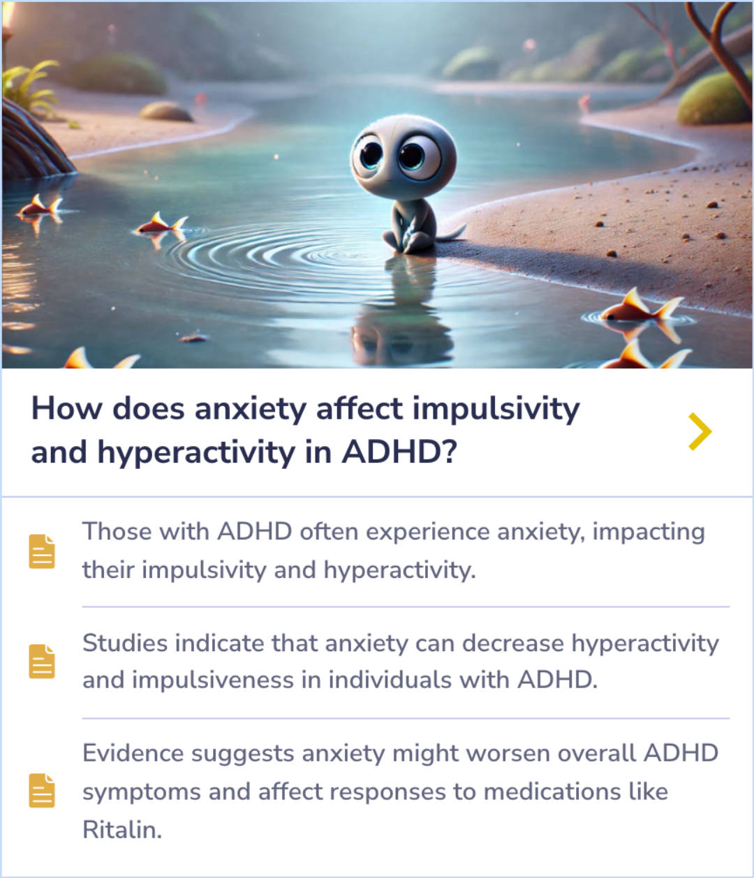 Summary Card exploring the interaction between anxiety and ADHD symptoms, focusing on how anxiety might reduce impulsivity and hyperactivity but worsen overall ADHD symptoms, and alter responses to medications like Ritalin.
