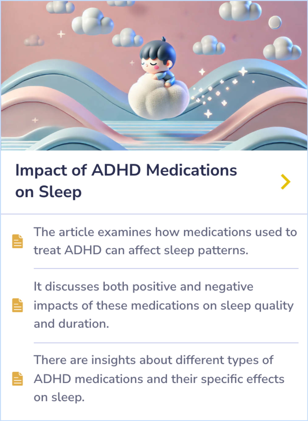 Summary card on the varied effects of ADHD medications on sleep patterns and quality.
