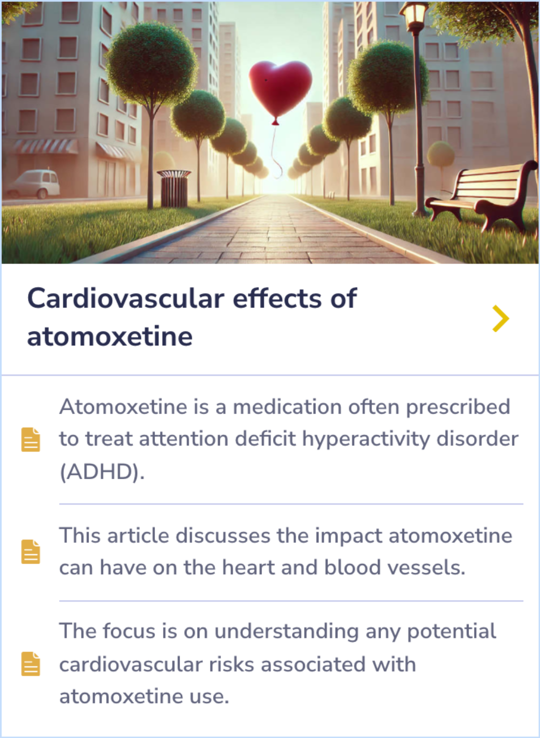 Summary card discussing the potential cardiovascular risks associated with Atomoxetine, highlighting its impact on heart and blood vessels.