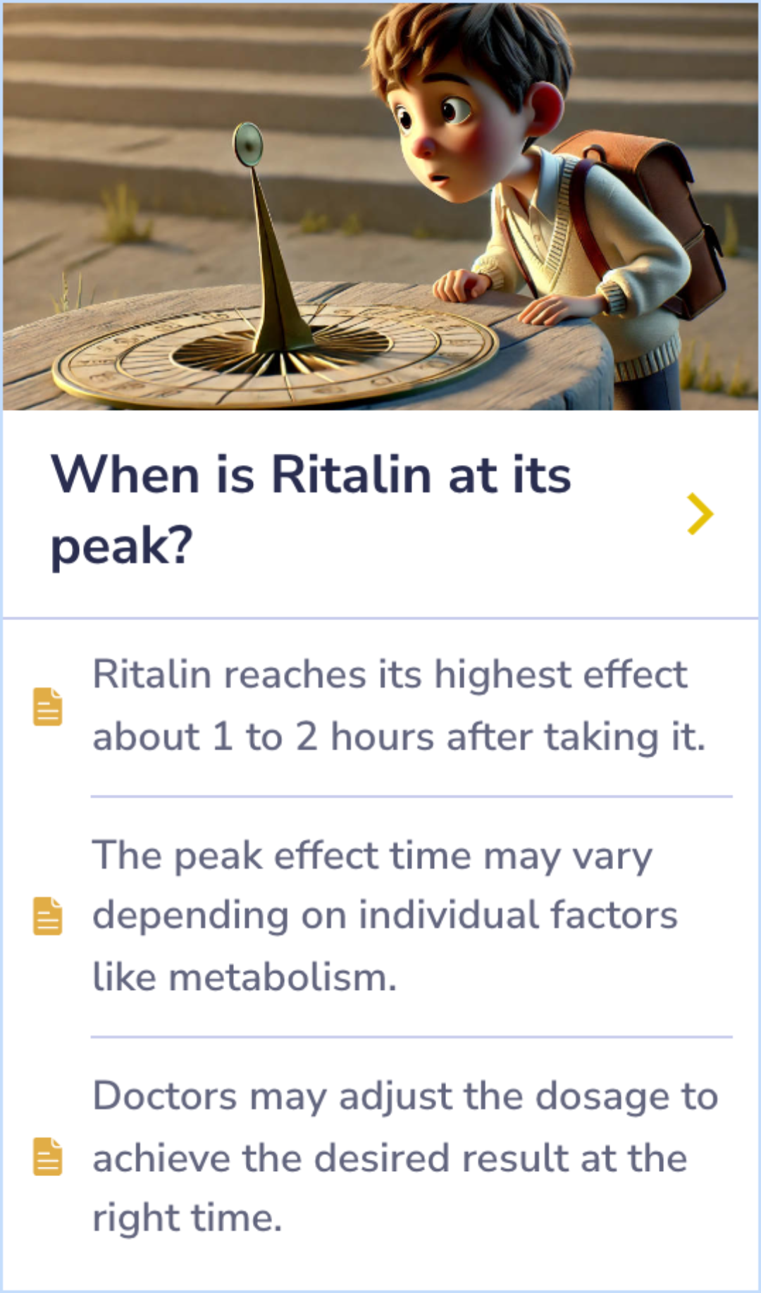 Summary Card on how timing impacts Ritalin's peak effect and dose adjustments for effectiveness.