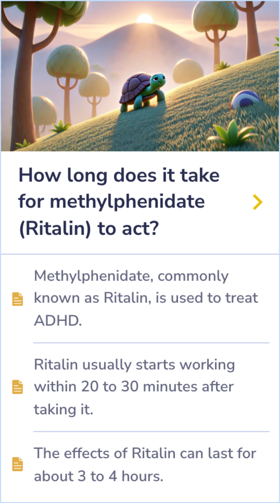 Summary Card showing how different foods affect Ritalin metabolism, illustrating changes in medication effectiveness based on dietary choices.