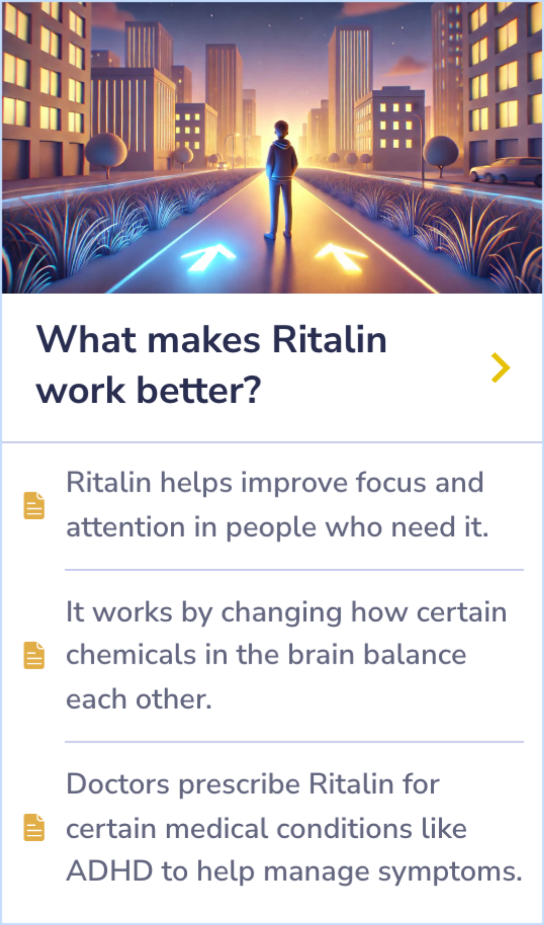 Summary Card explaining how Ritalin enhances focus and attention by adjusting brain chemicals, especially for managing ADHD symptoms.
