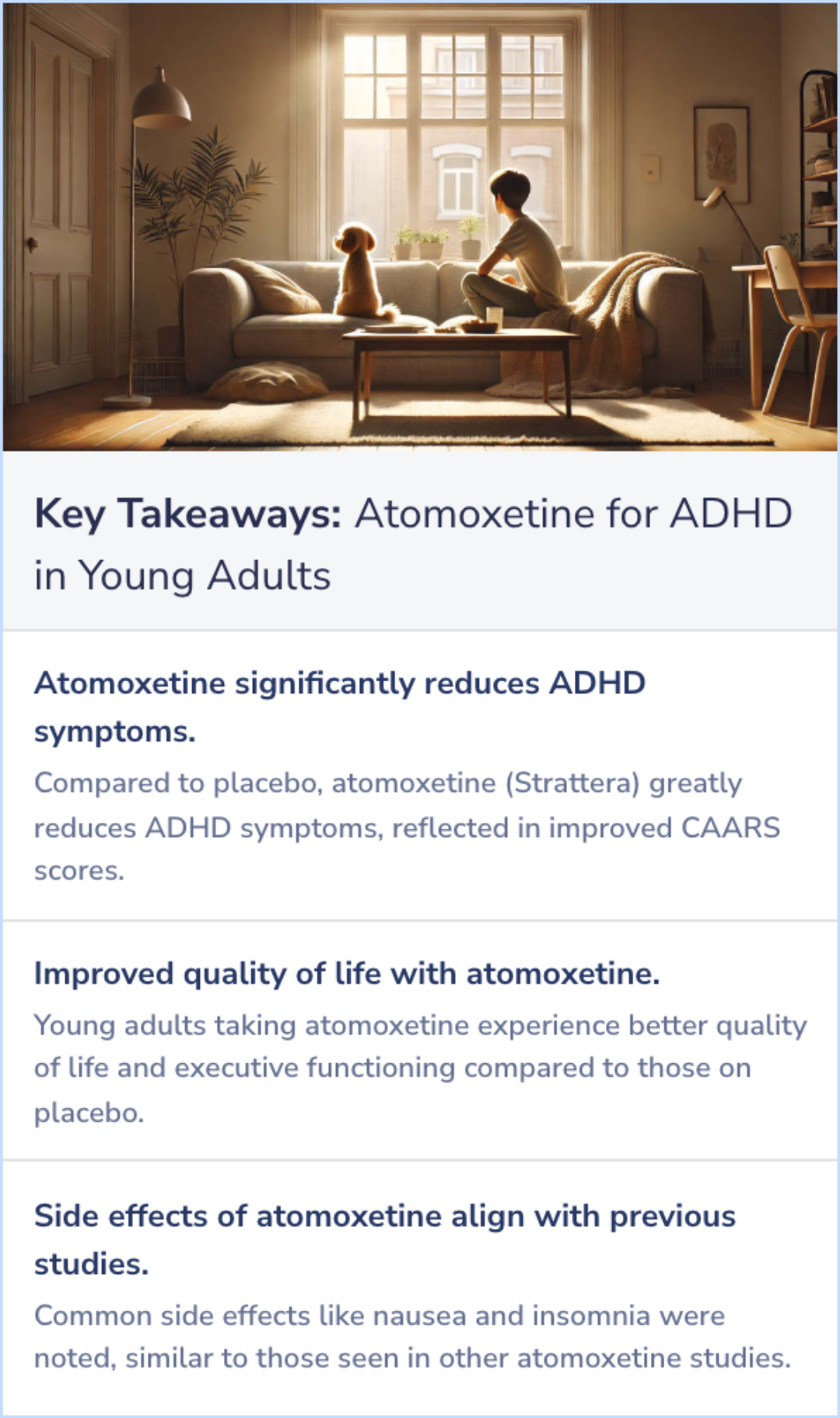 Key Takeaways for Atomoxetine treatment of attention-deficit/hyperactivity disorder in young adults with assessment of functional outcomes: a randomized, double-blind, placebo-controlled clinical trial