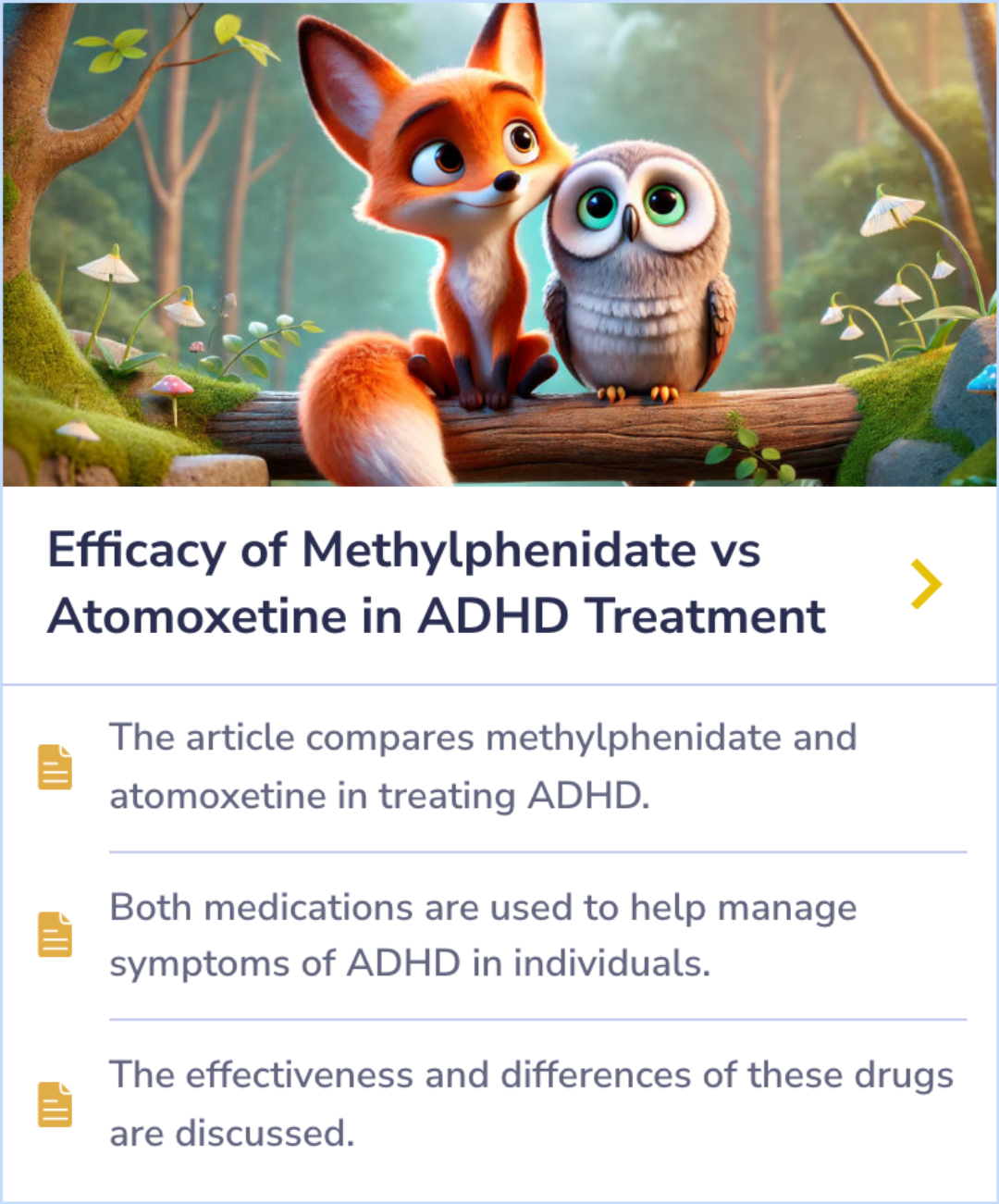 Interactive summary card comparing ADHD medications methylphenidate and atomoxetine, showcasing their effectiveness in symptom management.