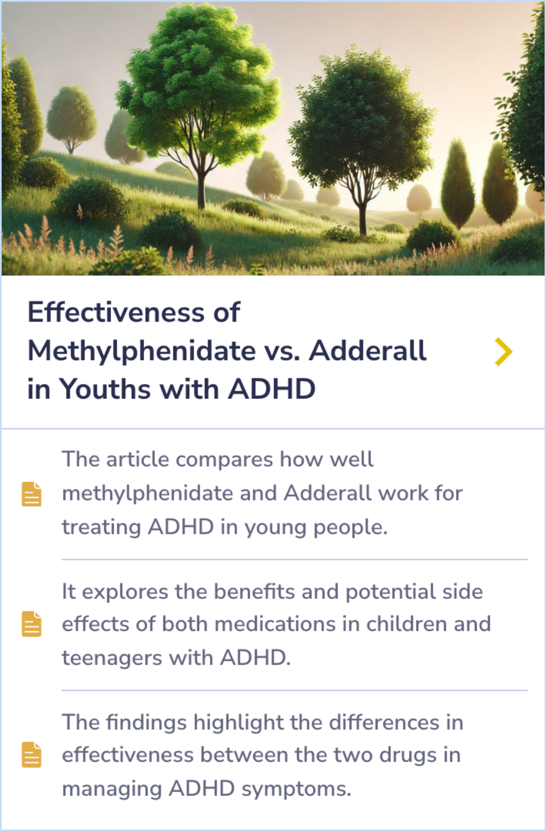Summary Card on Adderall's effects, emphasizing its role in improving focus, reducing impulsivity but potentially causing side effects like irritability and aggression.