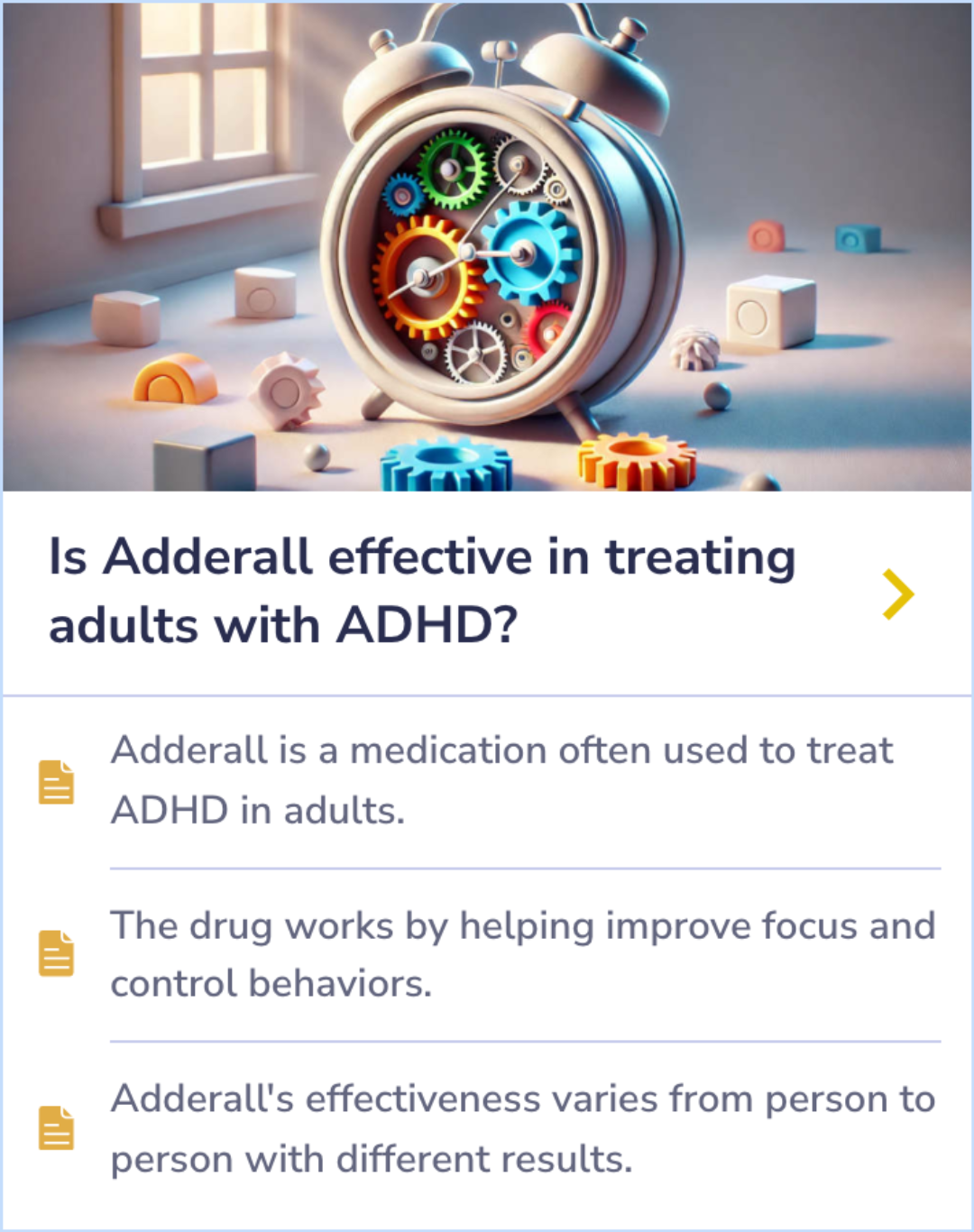 Summary Card detailing the relationship between Adderall use and mood swings, emphasizing medication adjustments and monitoring.