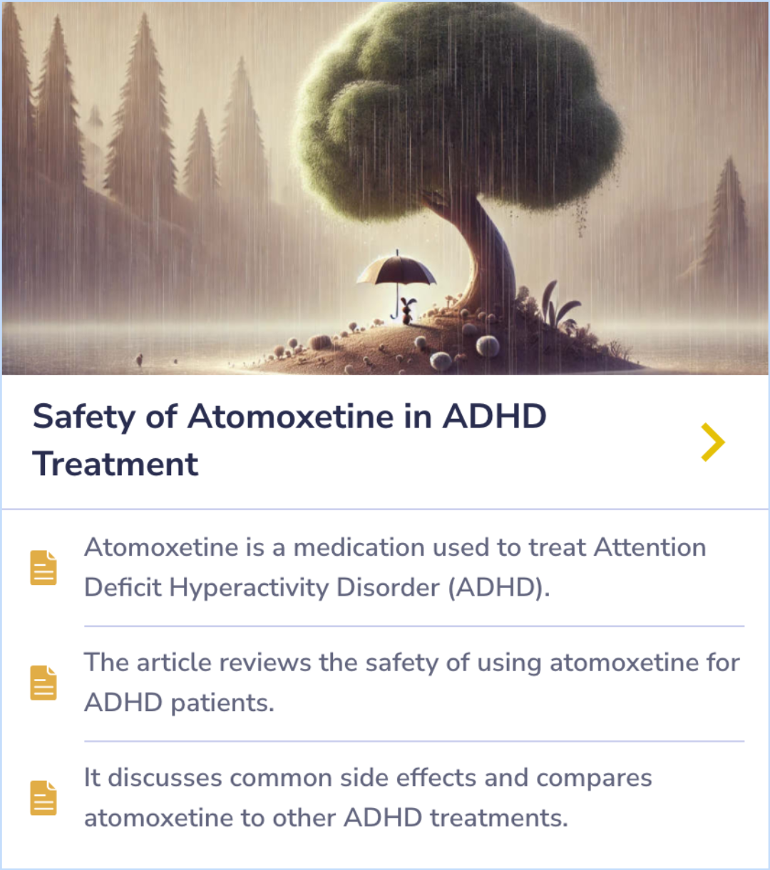 Summary card comparing the safety and side effects of atomoxetine with other ADHD medications.