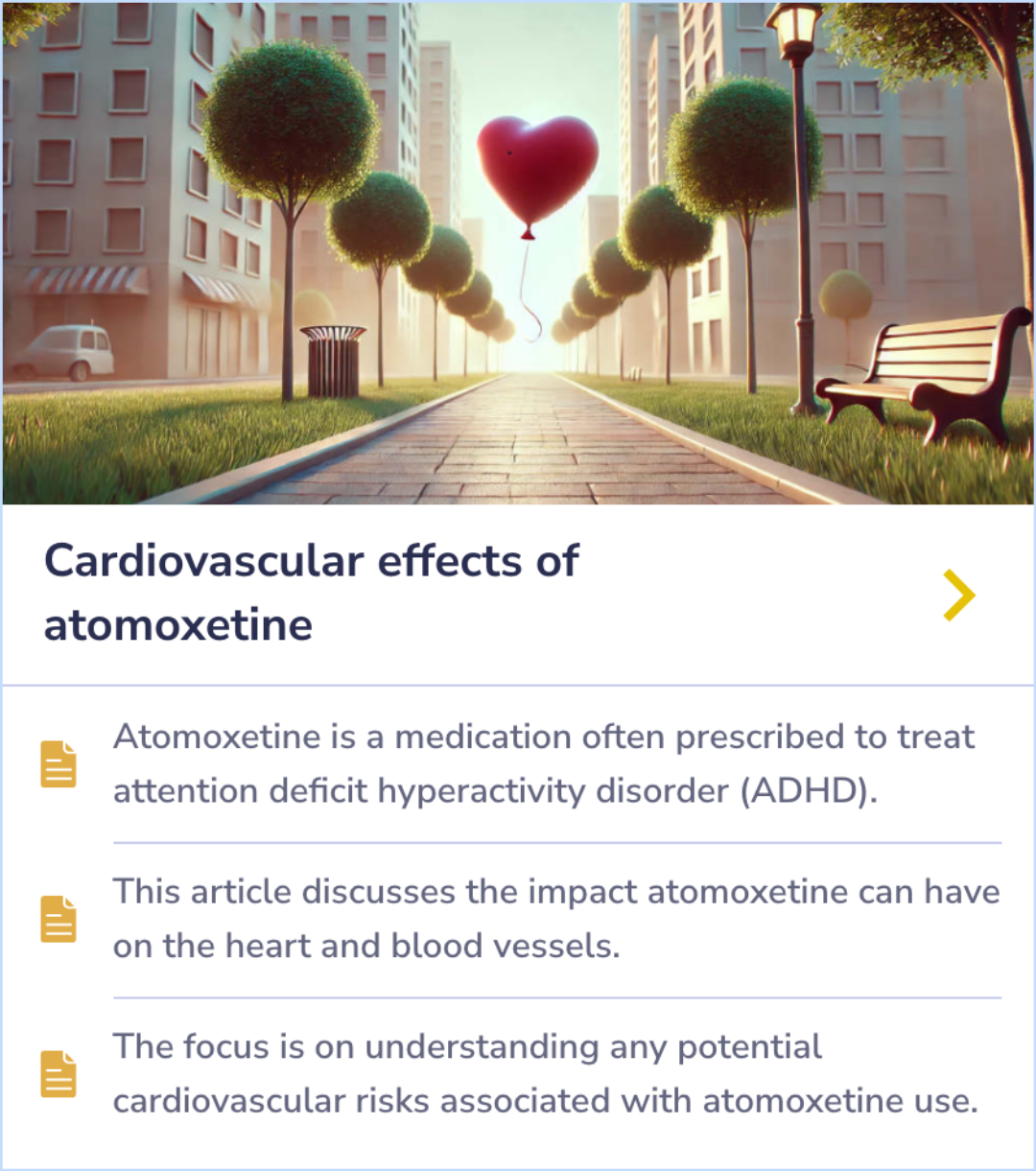 Summary card discussing the potential cardiovascular risks associated with Atomoxetine, highlighting its impact on heart and blood vessels.