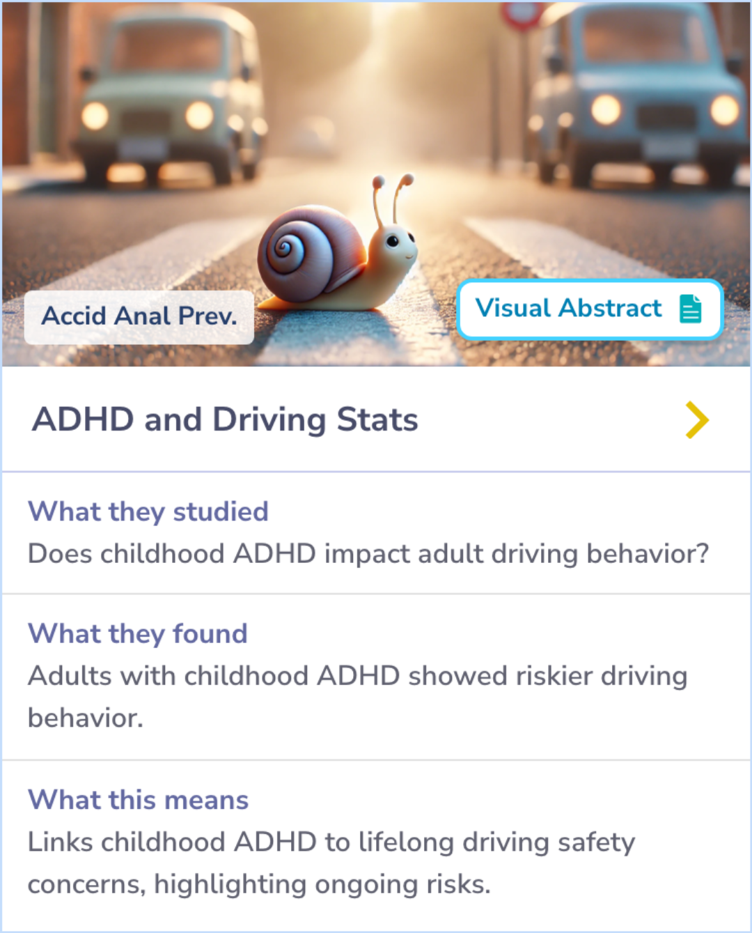 Card summarizing the driving performance of teens with ADHD, focusing on their increased risk of traffic violations and crashes.