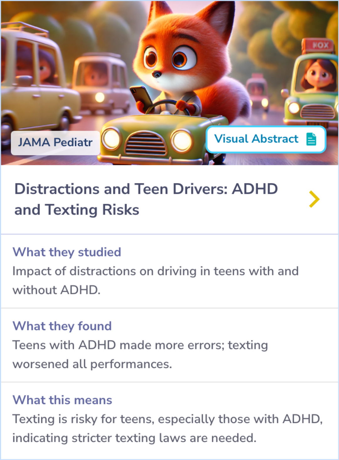 Summary Card discussing how adolescents with ADHD face increased driving challenges, with added variability in speed and lane position, especially during distractions like texting.