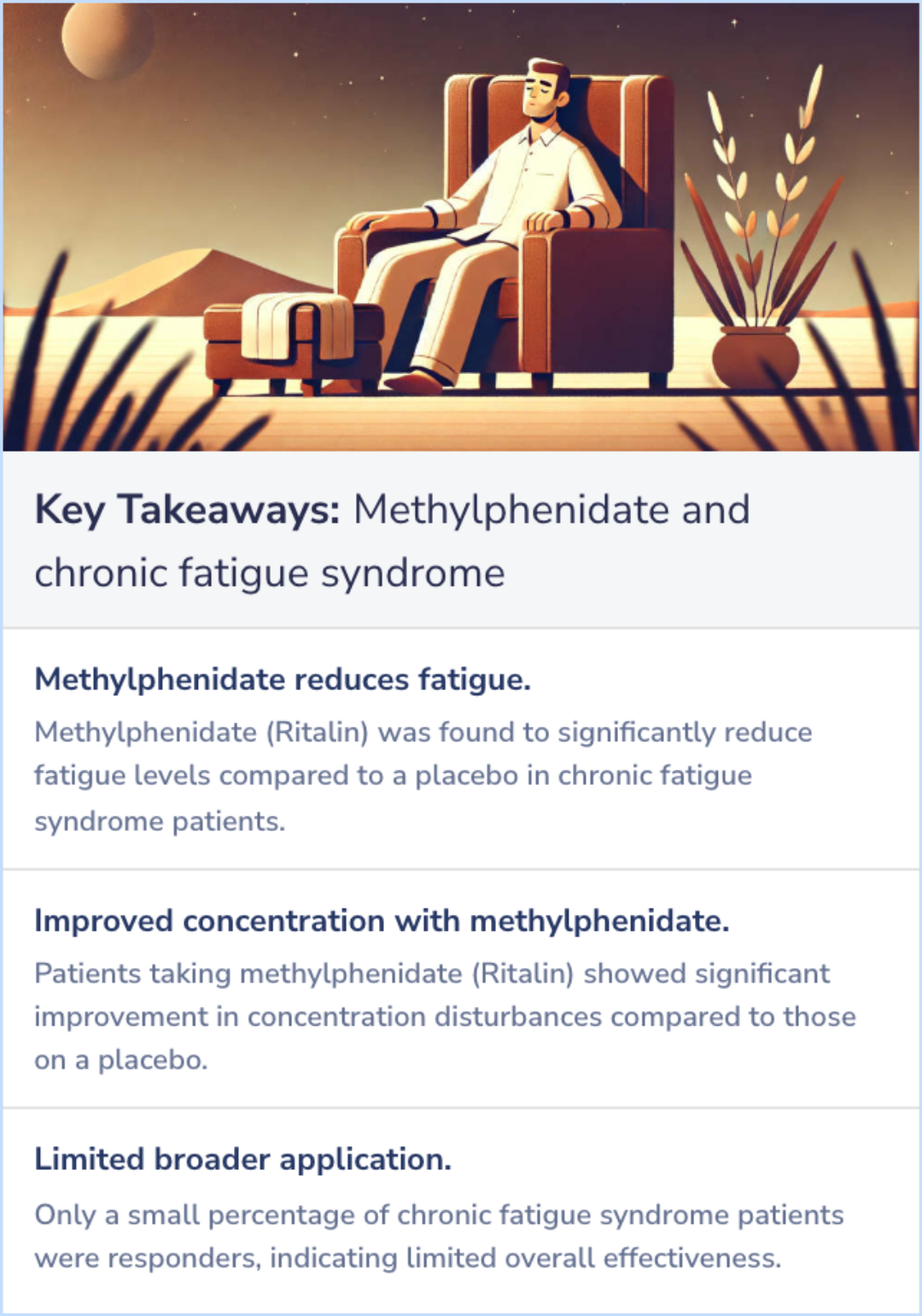 Key Takeaways for Does methylphenidate reduce the symptoms of chronic fatigue syndrome?
