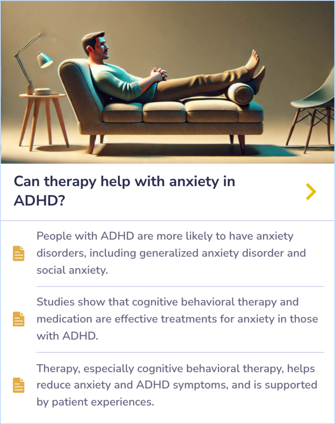 Summary card on the effectiveness of cognitive behavioral therapy combined with medication in reducing anxiety and ADHD symptoms in patients.