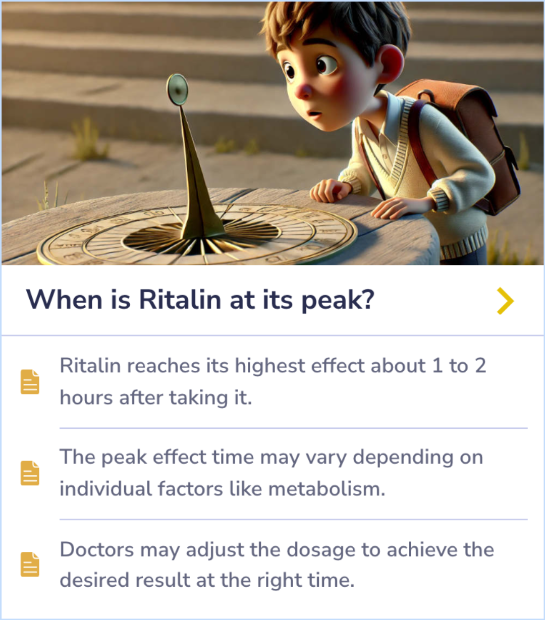 Summary Card on how timing impacts Ritalin's peak effect and dose adjustments for effectiveness.