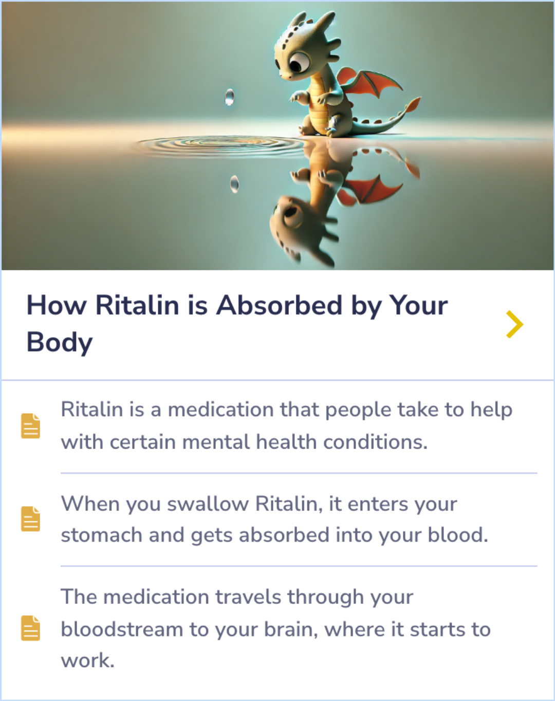 Summary Card explaining how Ritalin is processed by the body, traveling from the stomach to the brain to manage ADHD symptoms.