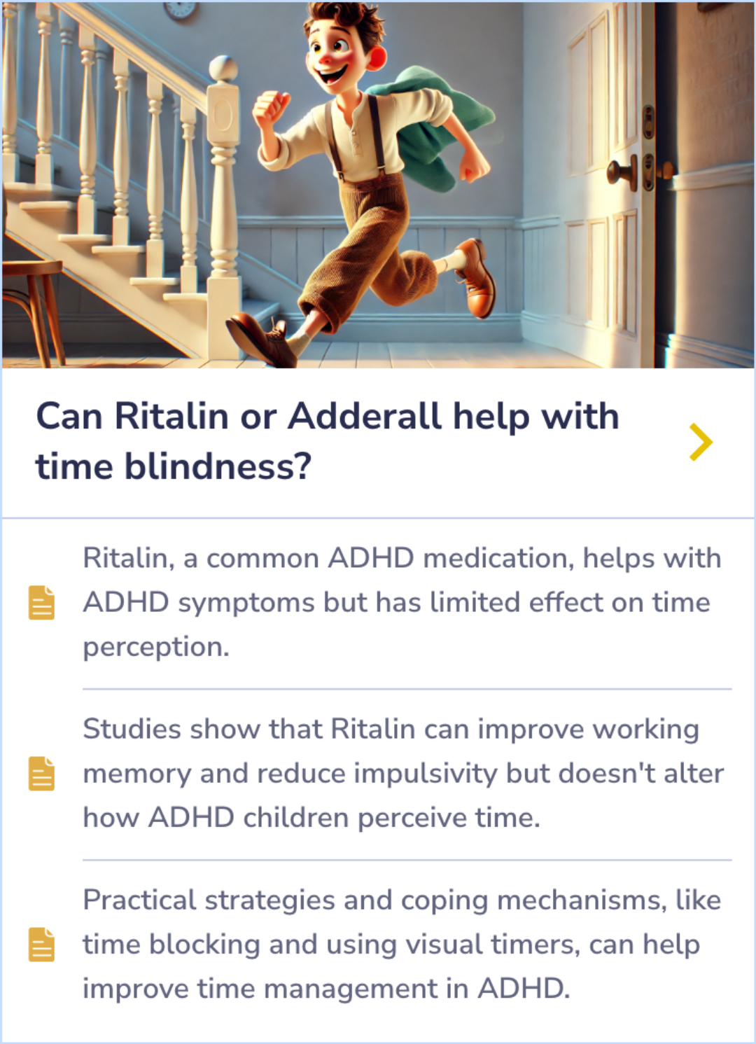 Summary Card explaining how long it takes for methylphenidate (Ritalin) to start acting, typically around 20-30 minutes.