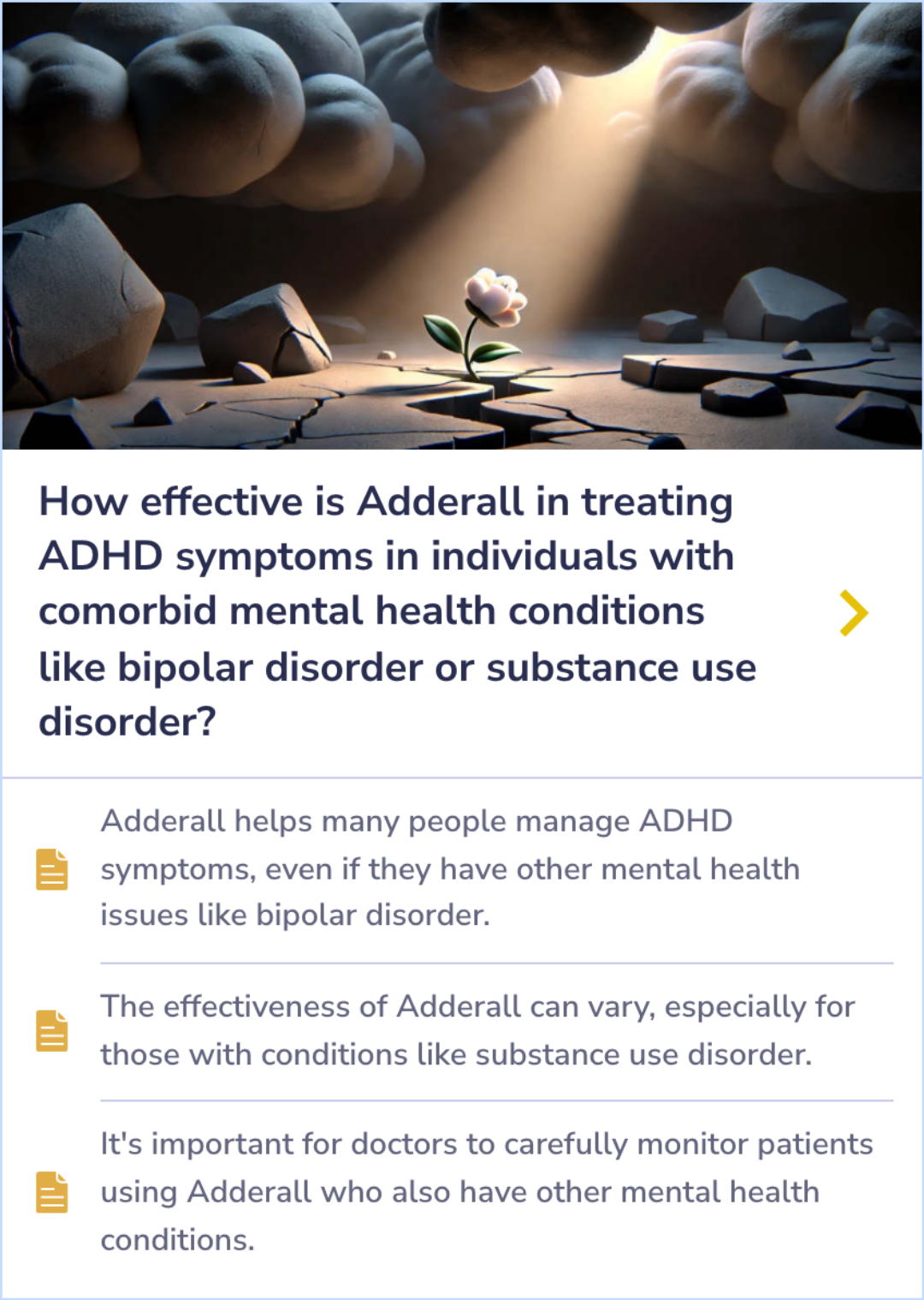 Summary Card highlighting management strategies for children with ADHD and bipolar disorder while considering stimulant risks.