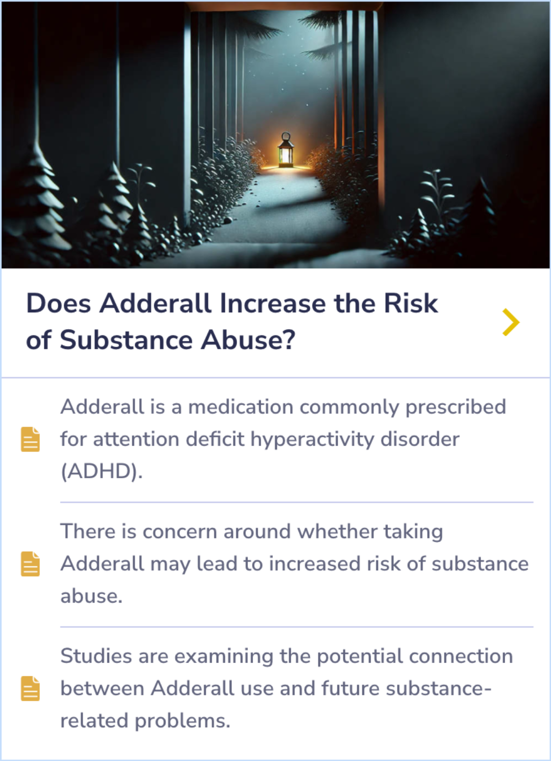 Summary Card exploring Adderall's potential connection to substance abuse risks, highlighting studies on ADHD medication and future substance use issues.