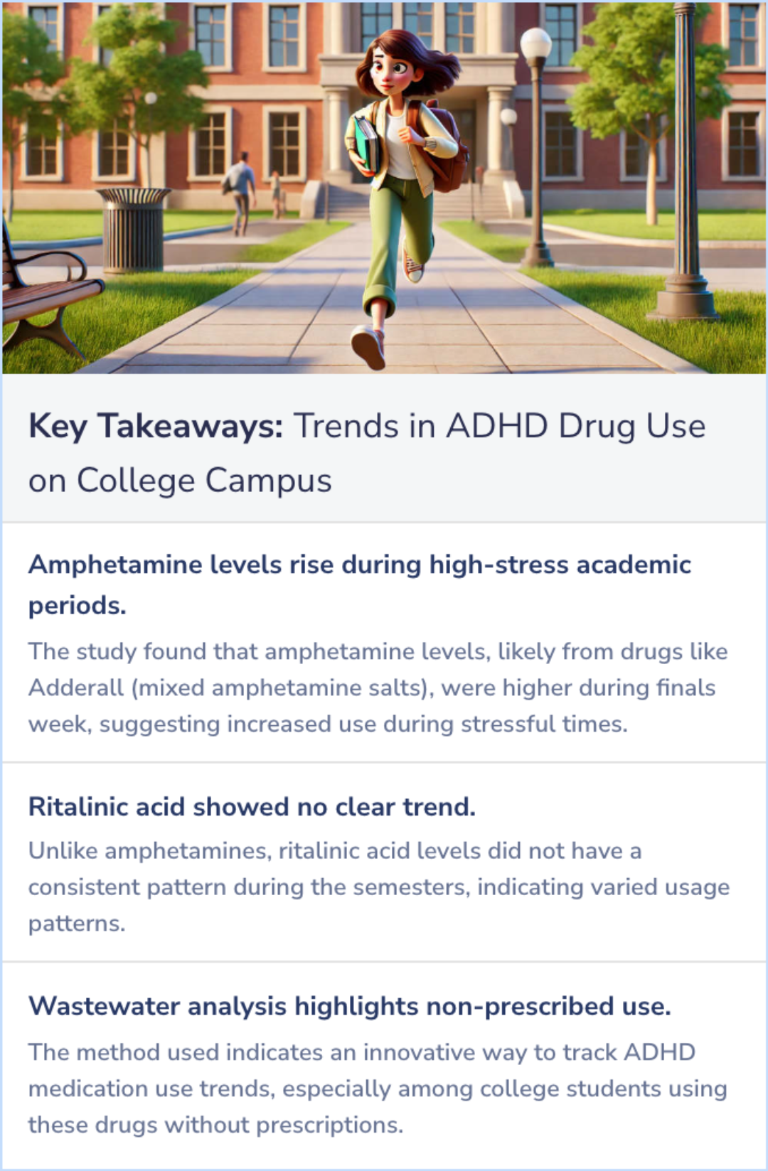 Key Takeaways for Potential Trends in Attention Deficit Hyperactivity Disorder (ADHD) Drug Use on a College Campus: Wastewater Analysis of Amphetamine and Ritalinic Acid