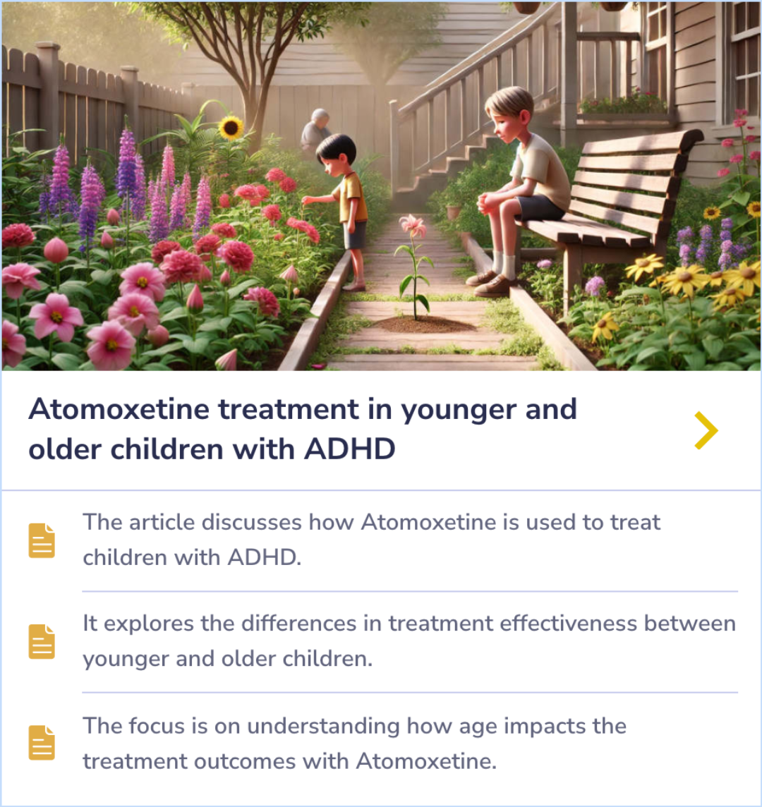 Summary Card exploring Atomoxetine's differing treatment effects on ADHD across various child age groups, highlighting how age influences outcomes.