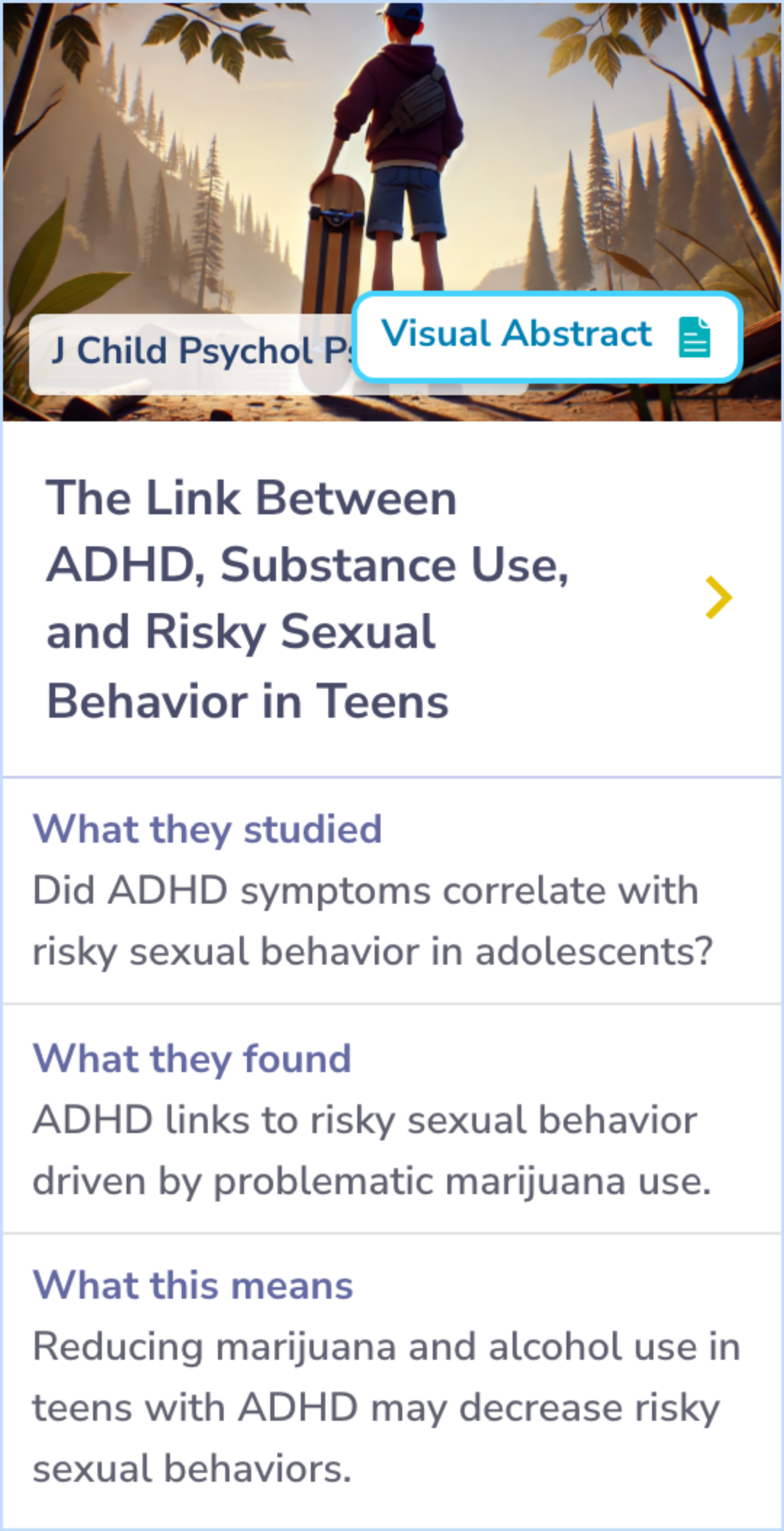 Summary Card detailing how ADHD symptoms are linked to risky sexual behavior among adolescents in the juvenile justice system, focusing on the role of alcohol and marijuana use as mediators.