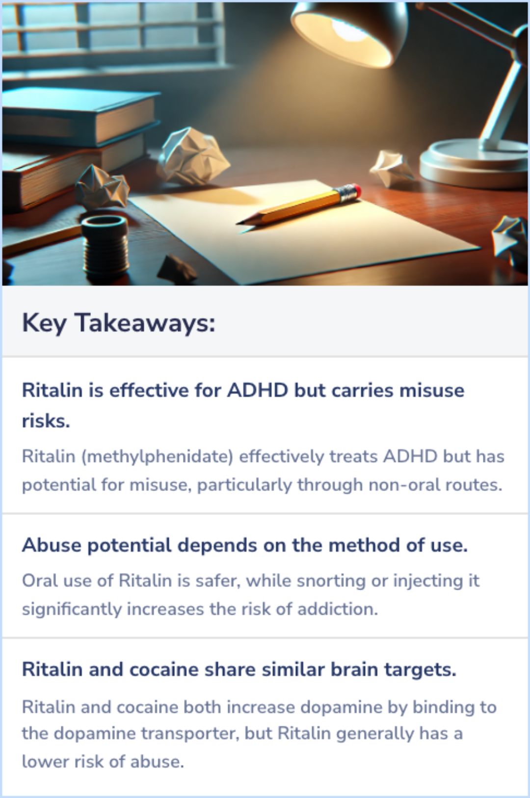 Key Takeaways for The Abuse Potential of Ritalin (methylphenidate)