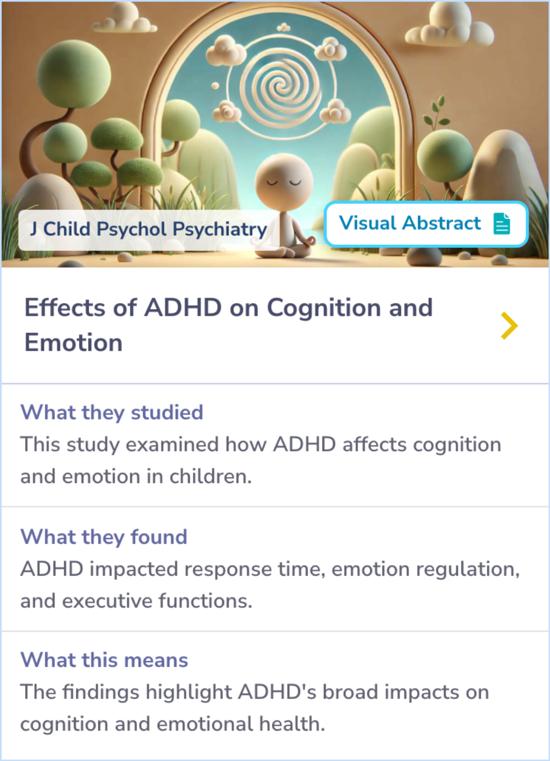 Summary Card highlighting the comparison of ADHD children to controls in terms of neuropsychological deficits and emotional functioning. The card notes that deficits in executive functions, reaction time variability, and emotional functioning significantly contribute to ADHD, with no notable gender differences.