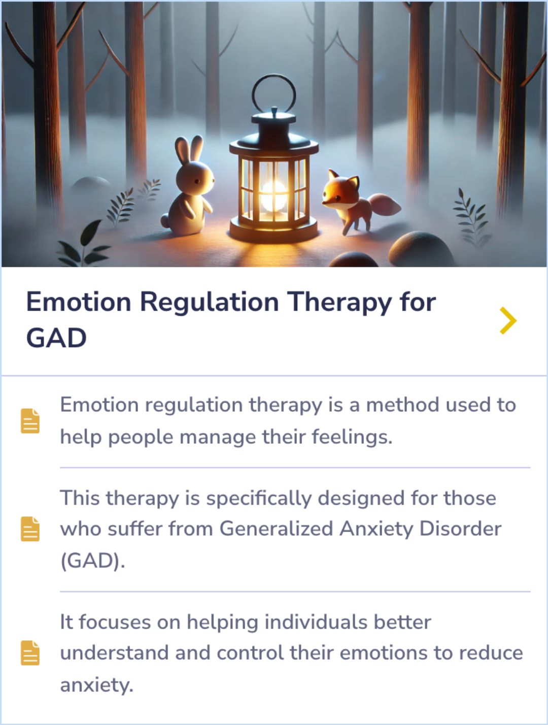 A summary card explaining emotion regulation therapy for generalized anxiety disorder, focusing on managing emotional responses to reduce anxiety.