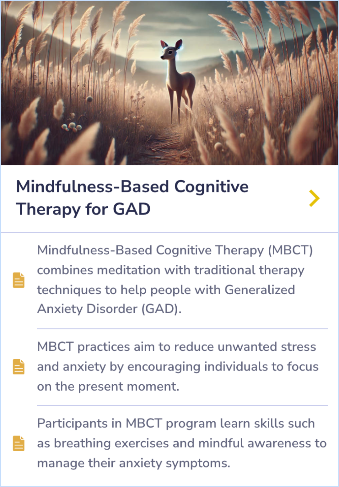 Summary Card describing how Mindfulness-Based Cognitive Therapy aids in reducing anxiety symptoms through meditation and present-moment focus.