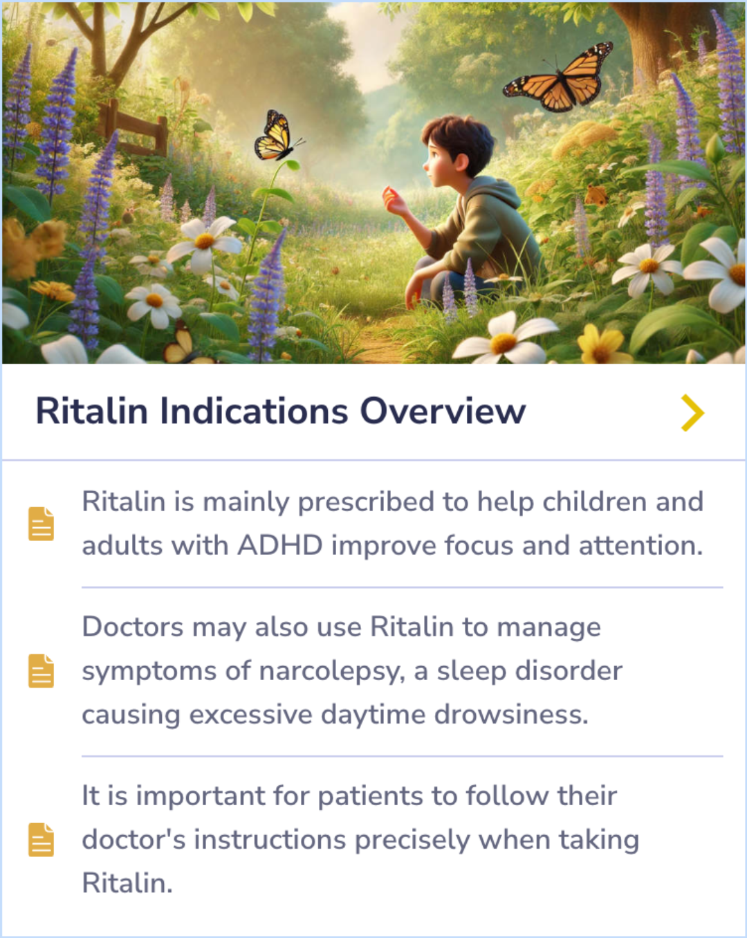 Summary Card explaining Ritalin's role in improving focus for ADHD and managing narcolepsy symptoms. Emphasizes following medical guidance.