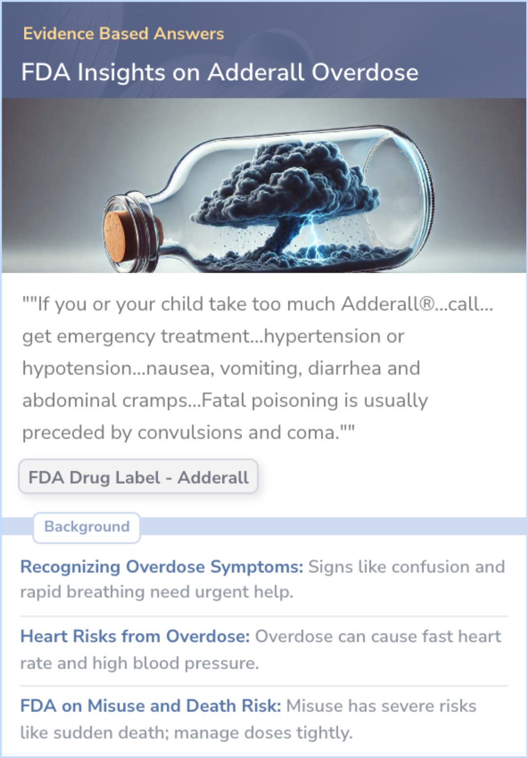 Adderall Risks What does the FDA say about Adderall and overdose?