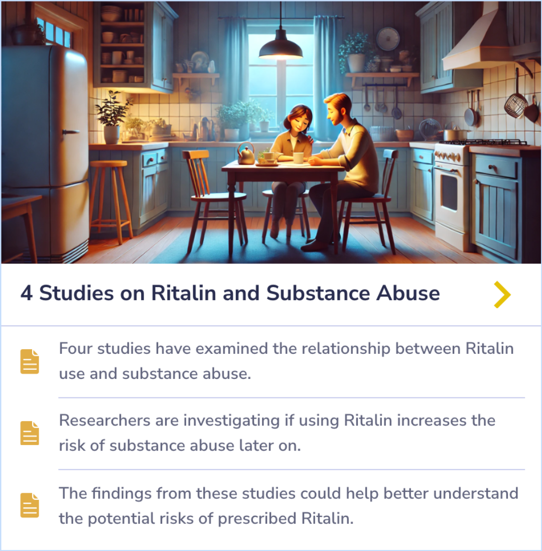 Summary Card examining studies on the link between Ritalin use and future substance abuse risks.