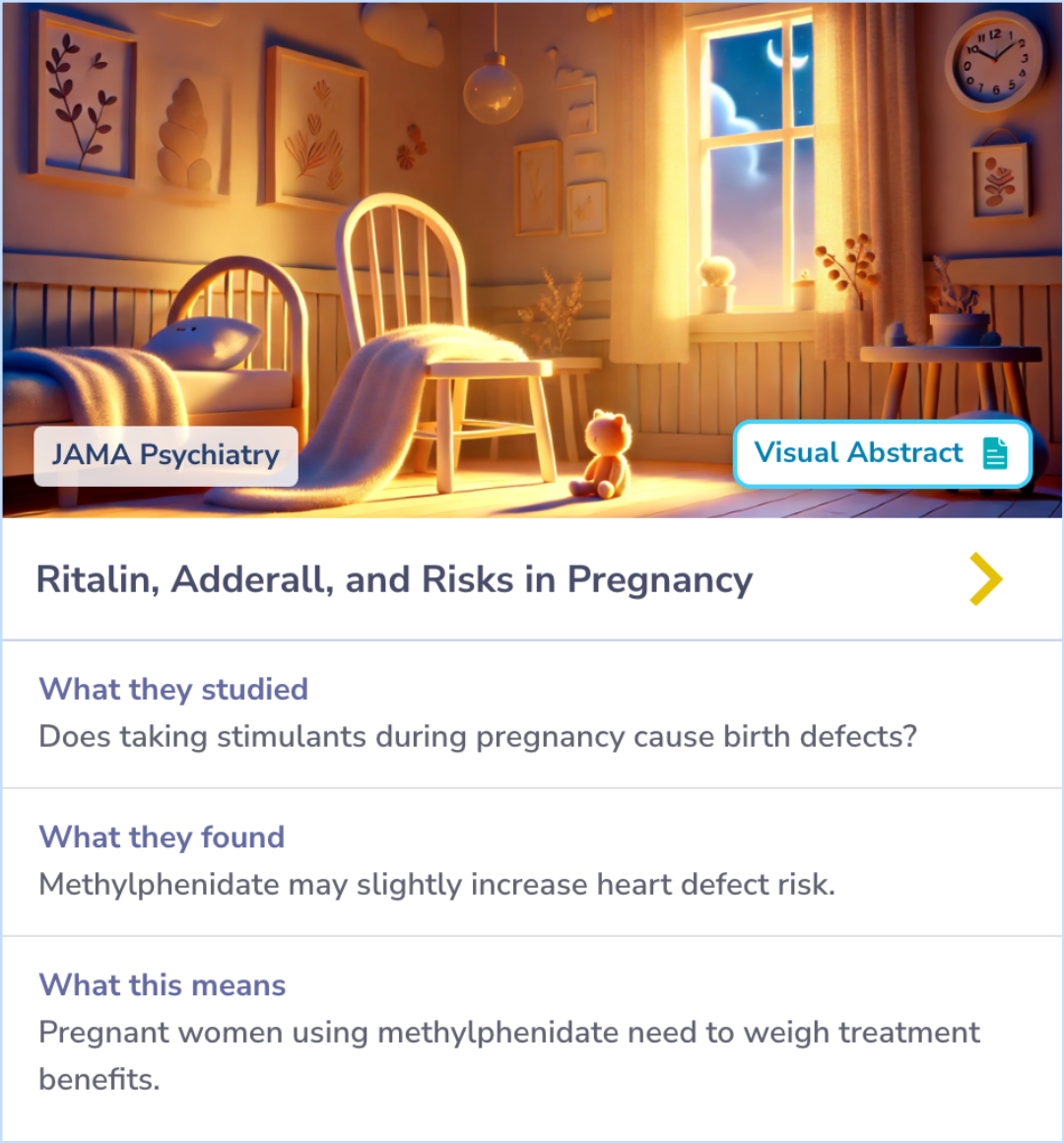 Summary card showing a study that examines the risk of congenital cardiac malformations associated with stimulant use during pregnancy. Focused on methylphenidate and amphetamines exposure, contrasting their impacts.