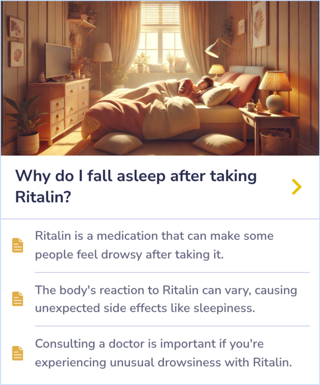 Summary Card discussing how Ritalin can cause unexpected drowsiness in some individuals despite its stimulant properties, with a note on seeking medical advice if such side effects occur.