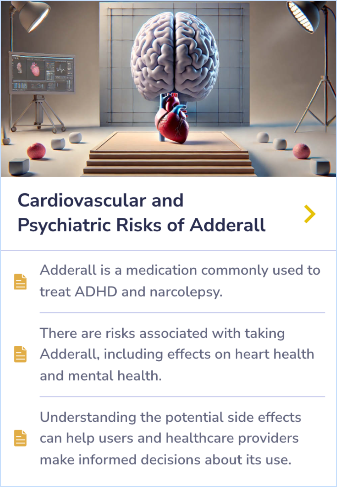 Summary Card highlighting the potential heart and mental health risks associated with Adderall, commonly prescribed for ADHD and narcolepsy.