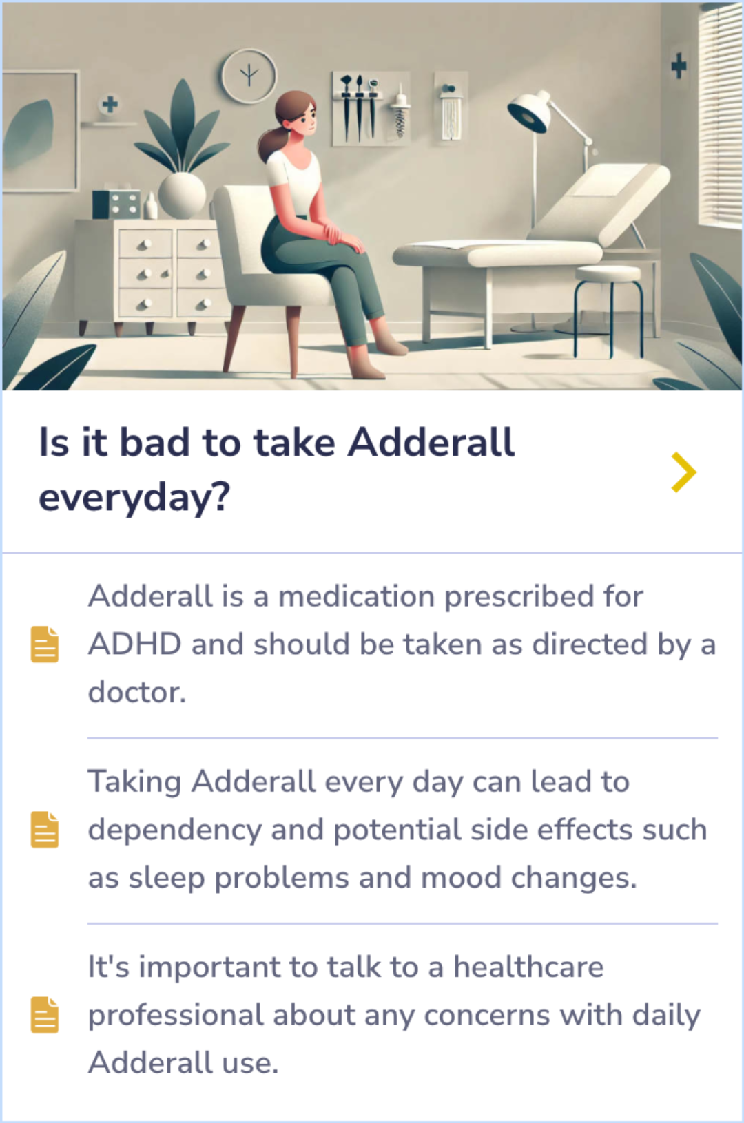 Summary Card discussing potential risks and side effects of daily Adderall use for ADHD, including dependency, sleep issues, and mood changes. Emphasizes consulting with healthcare providers for safe treatment.