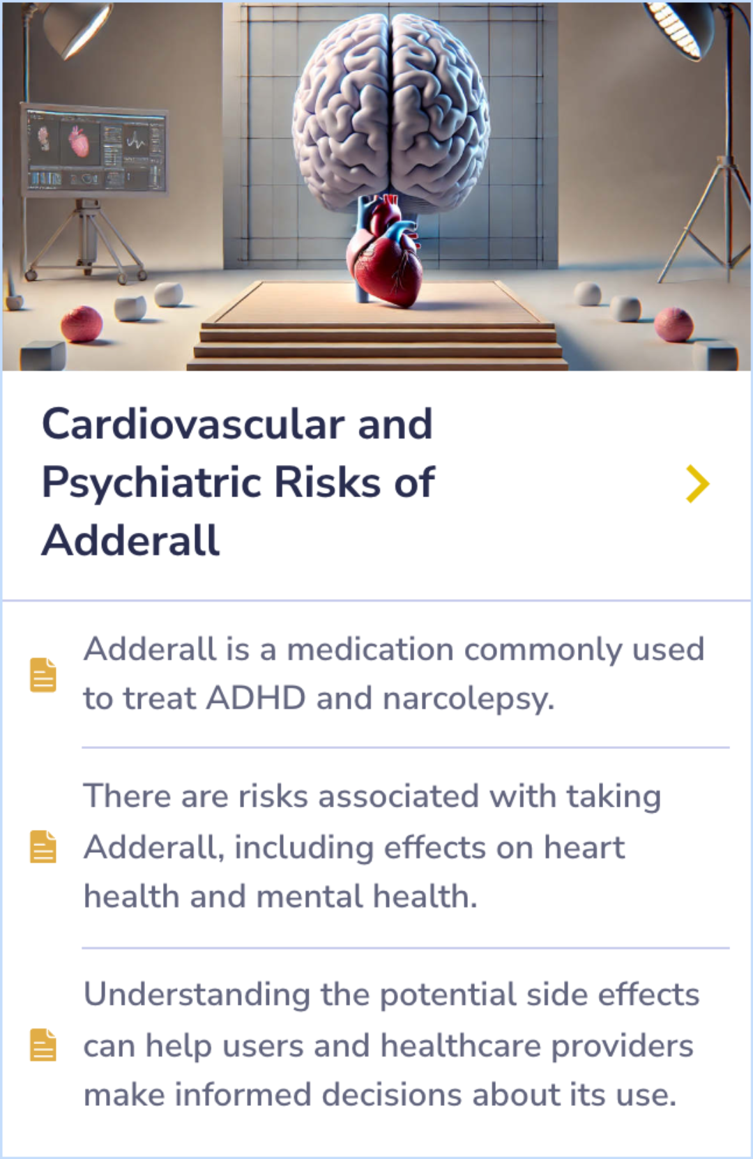 Summary Card highlighting the potential heart and mental health risks associated with Adderall, commonly prescribed for ADHD and narcolepsy.