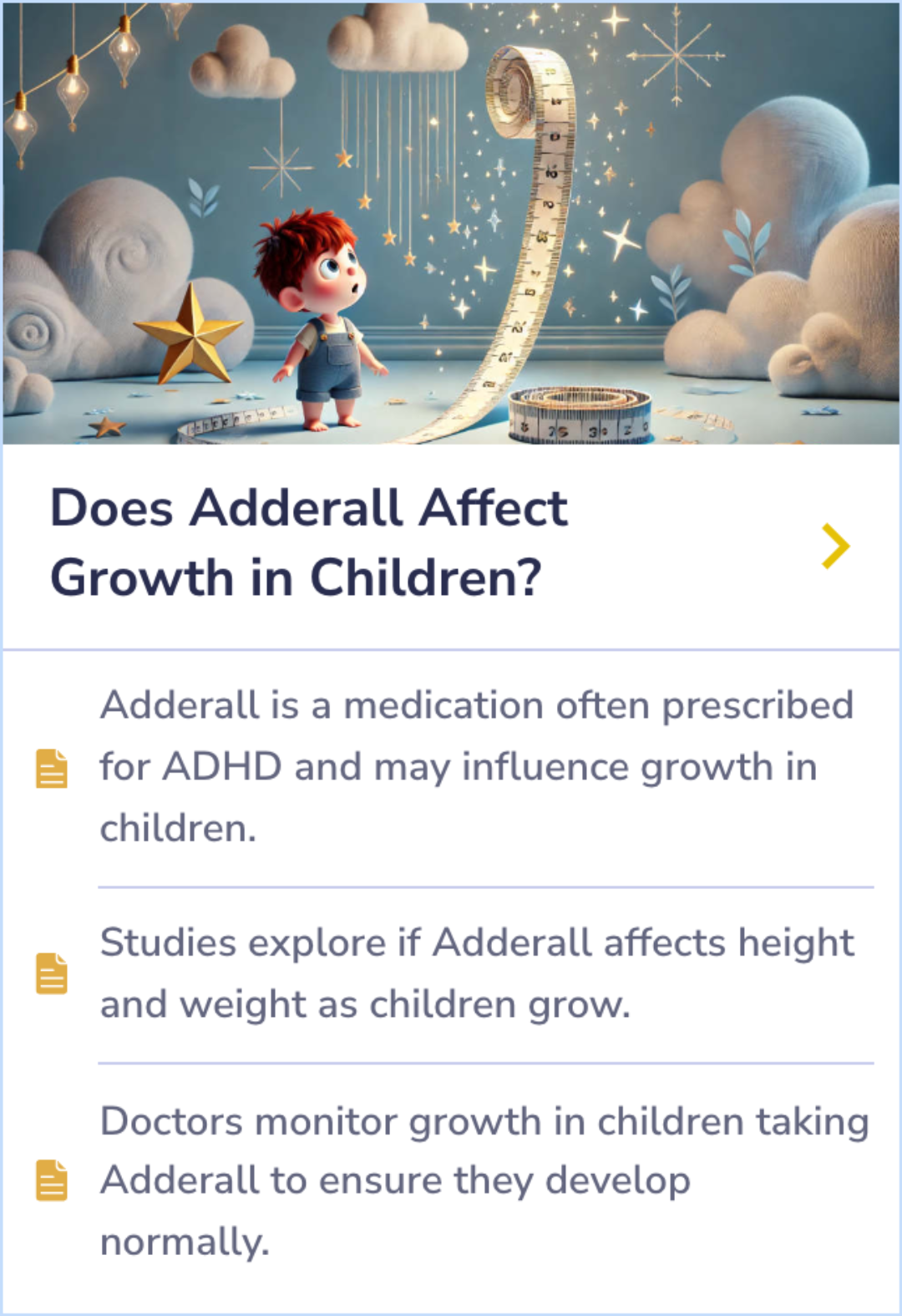 Summary Card discussing how Adderall, used to treat ADHD, may affect children's growth in terms of height and weight.