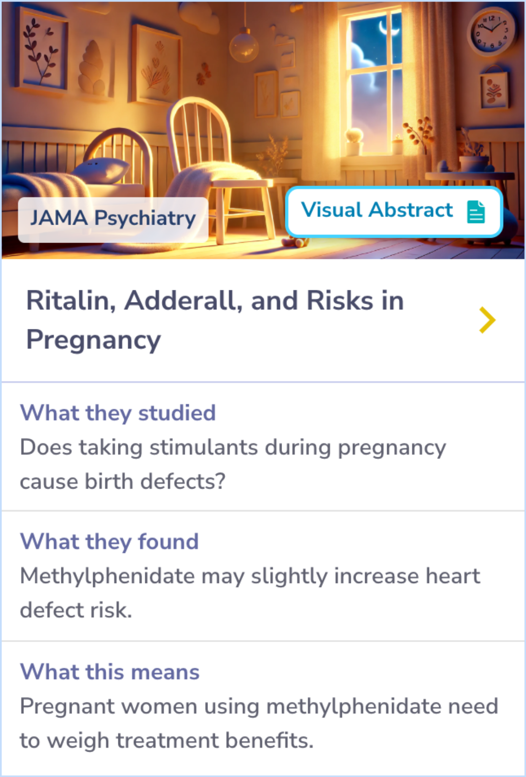 Summary card showing a study that examines the risk of congenital cardiac malformations associated with stimulant use during pregnancy. Focused on methylphenidate and amphetamines exposure, contrasting their impacts.