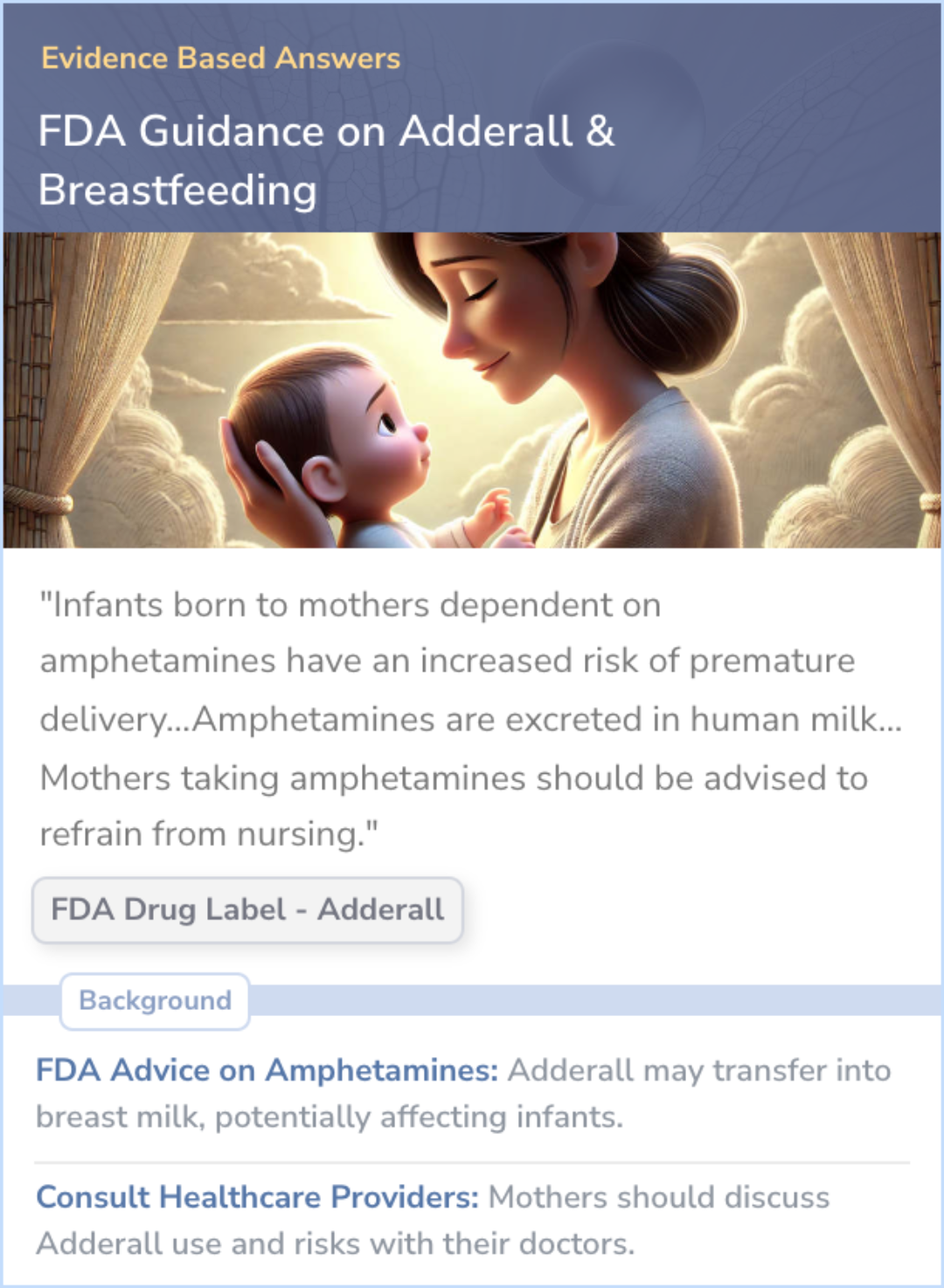 An infographic on What does the FDA say about Adderall and Breastfeeding?